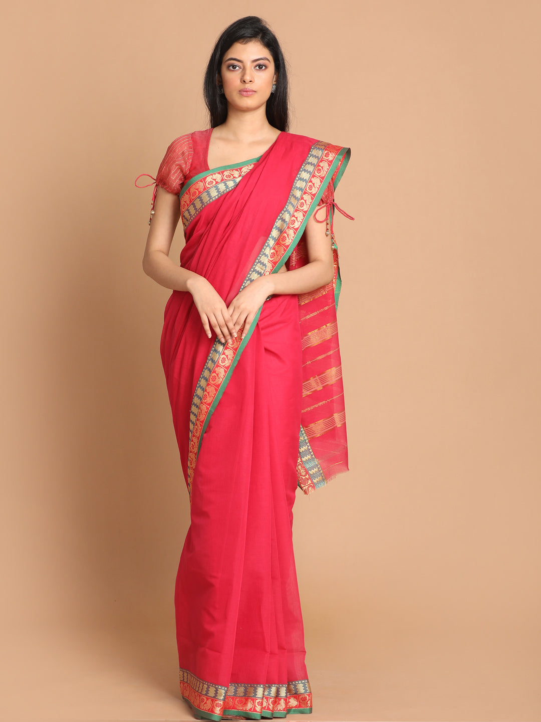 Indethnic Fuchsia Pure Cotton Solid Saree - View 1