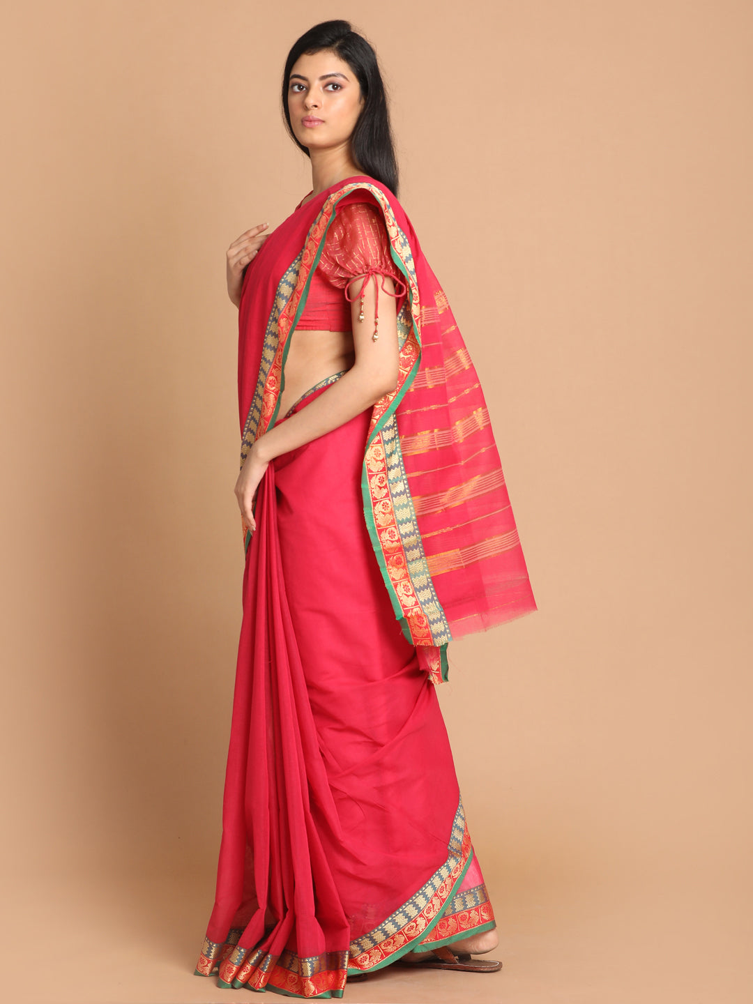 Indethnic Fuchsia Pure Cotton Solid Saree - View 2