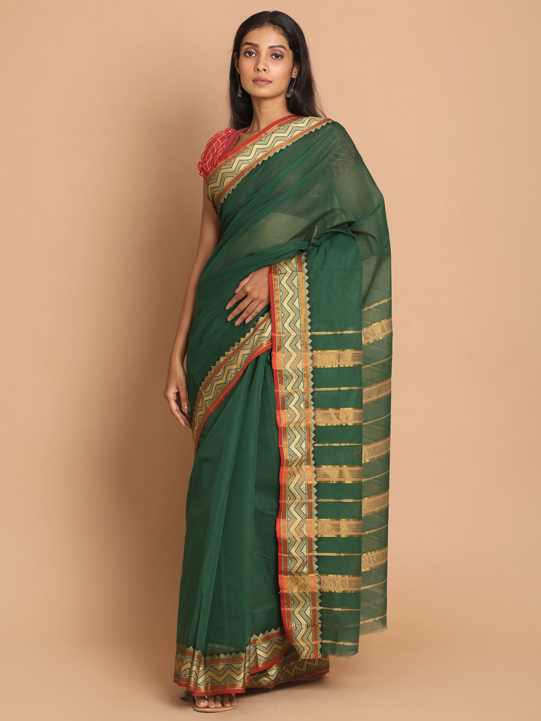 Indethnic Bottle Green Pure Cotton Solid Saree - View 1