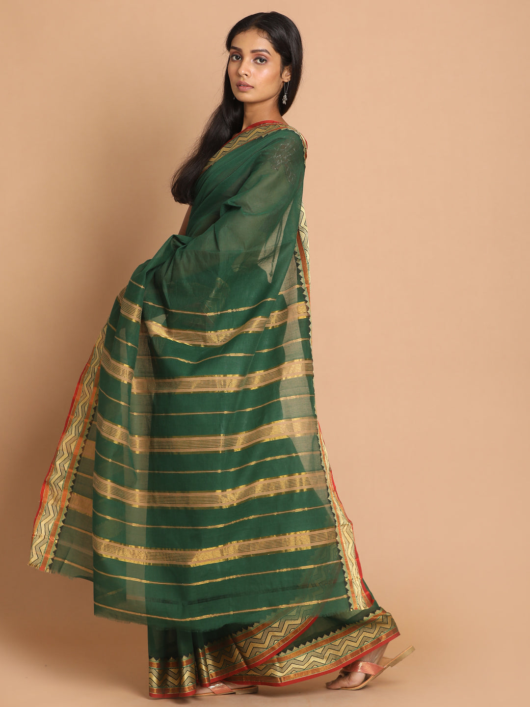 Indethnic Bottle Green Pure Cotton Solid Saree - View 2