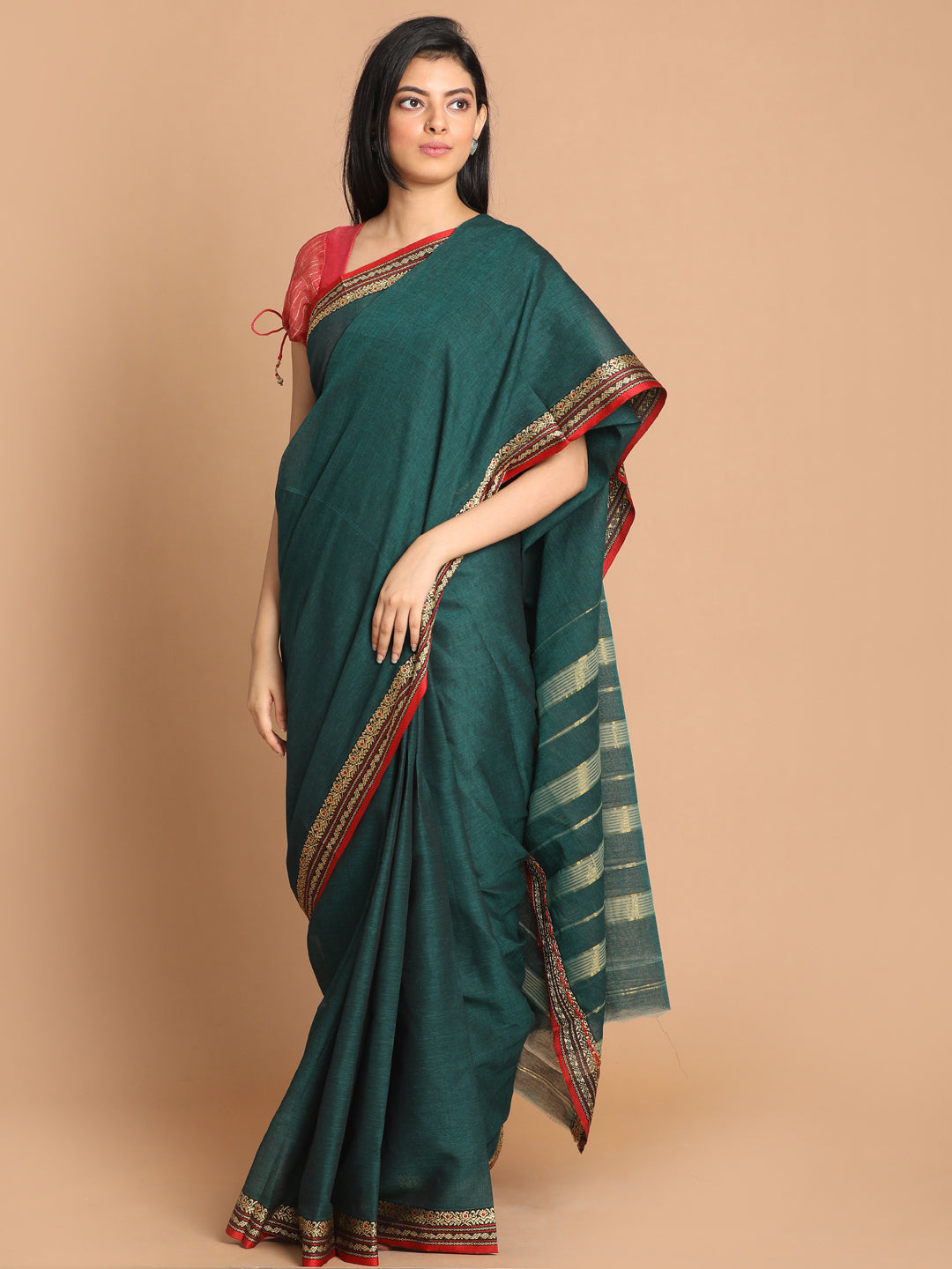 Indethnic Bottle Green Pure Cotton Solid Saree - View 1