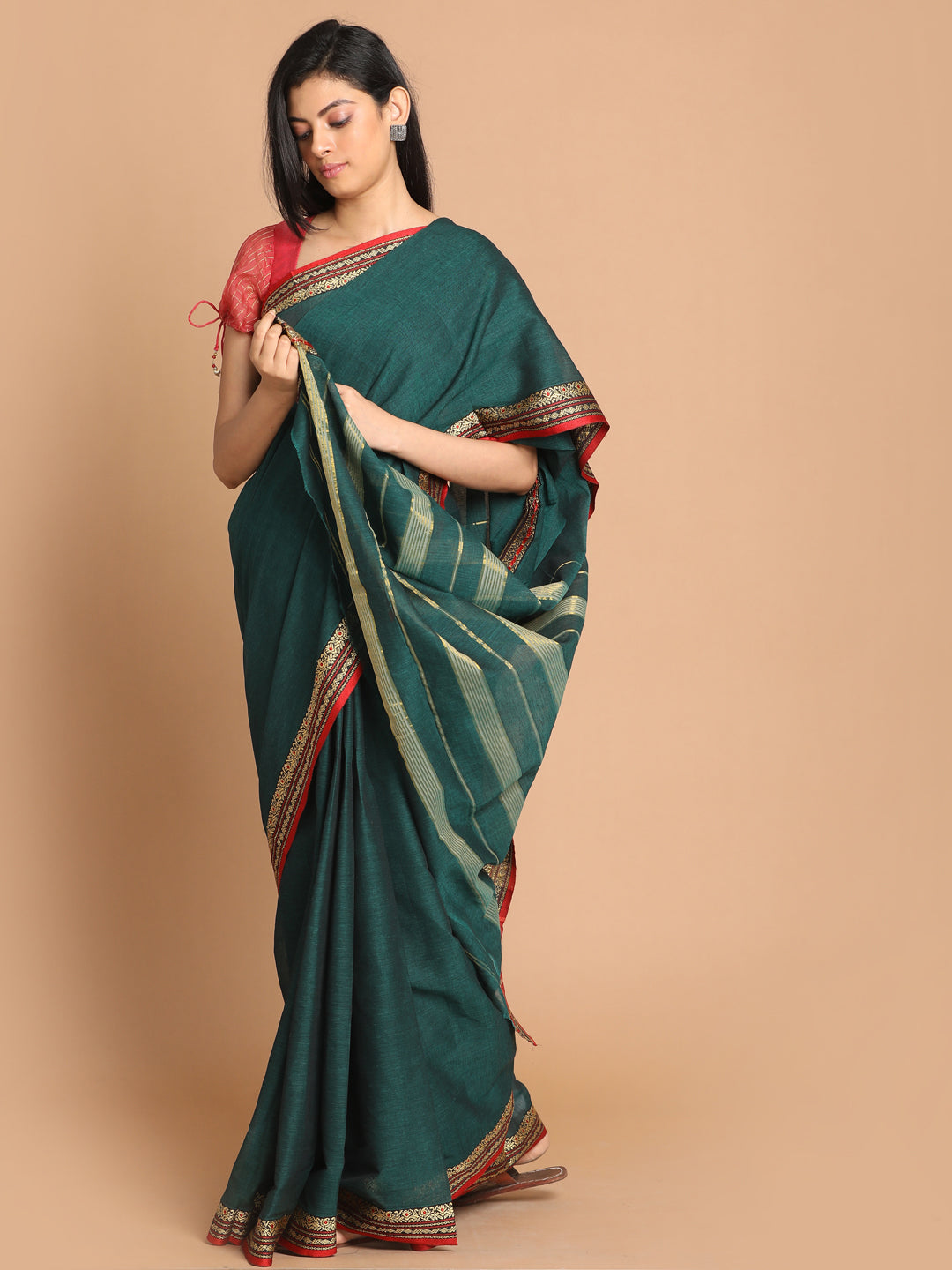 Indethnic Bottle Green Pure Cotton Solid Saree - View 1