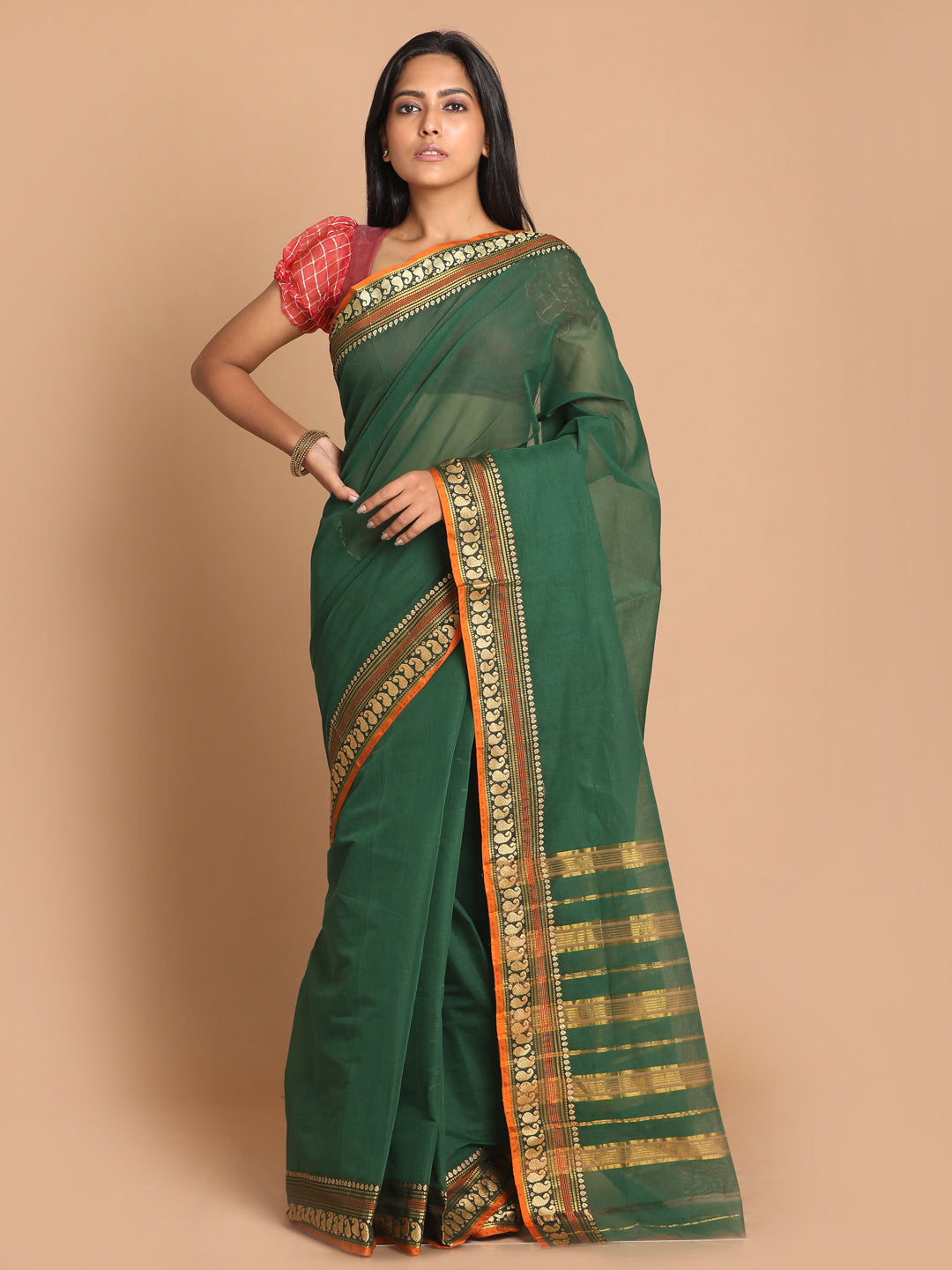 Indethnic Bottle Green Pure Cotton Solid Saree - View 1