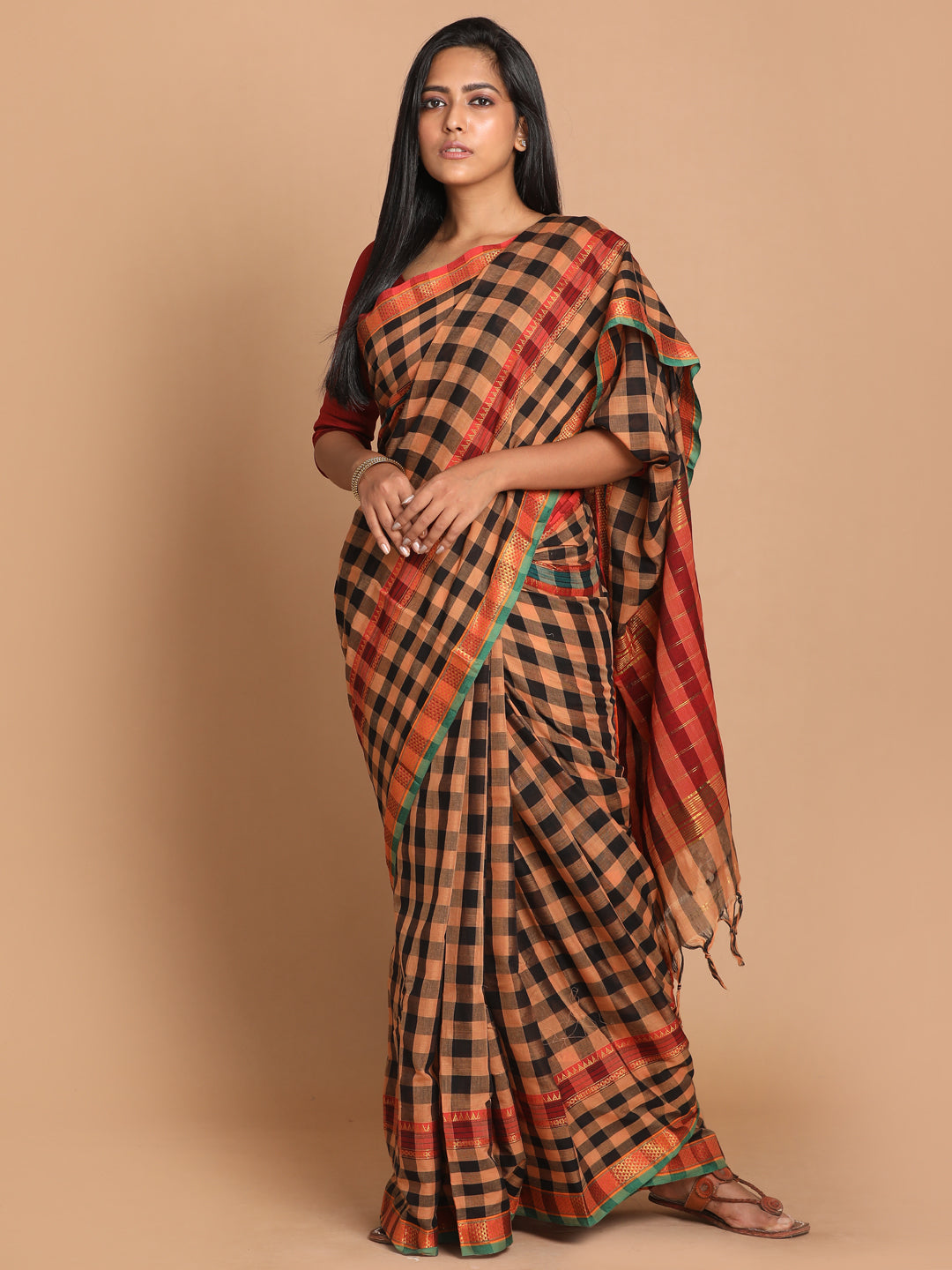 Indethnic Biscuit Pure Cotton Checked Saree - View 1