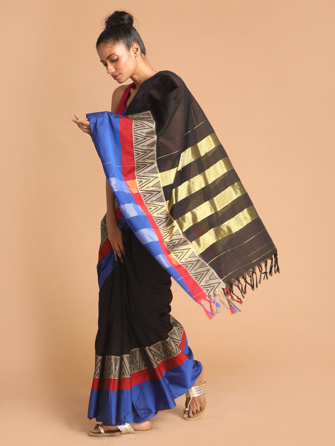 Indethnic Black Pure Cotton Woven Design Saree - View 2