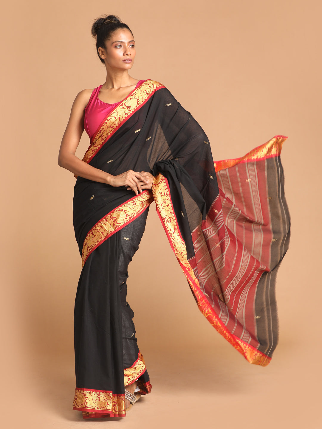 Indethnic Black Pure Cotton Woven Design Saree - View 1