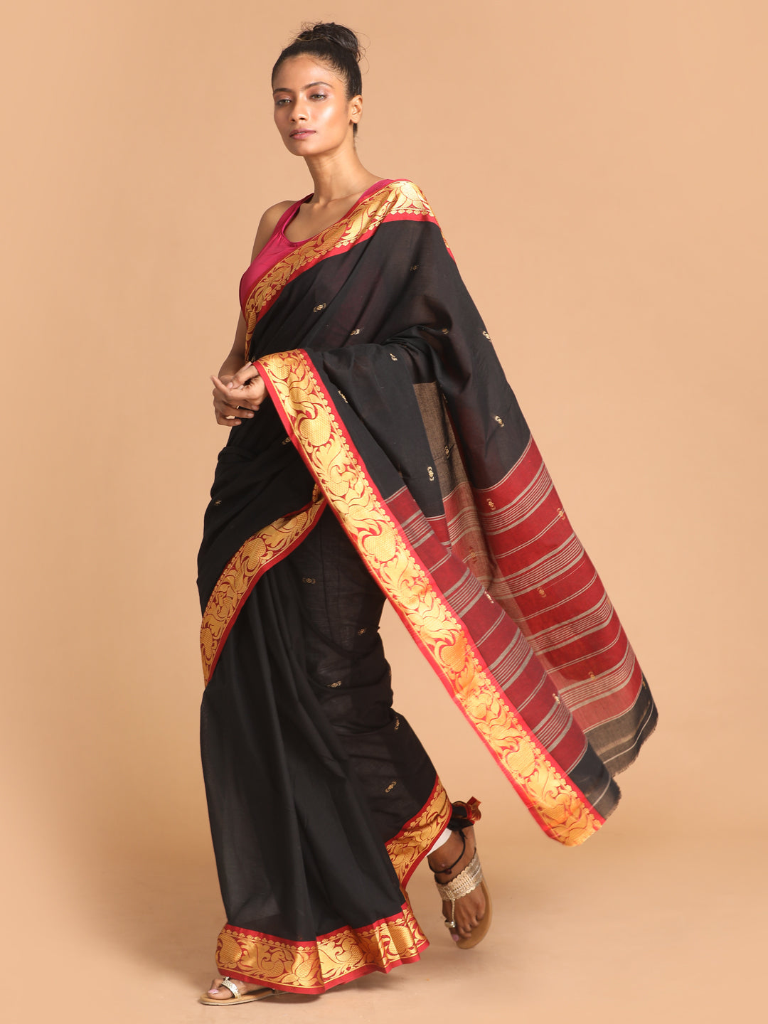 Indethnic Black Pure Cotton Woven Design Saree - View 2