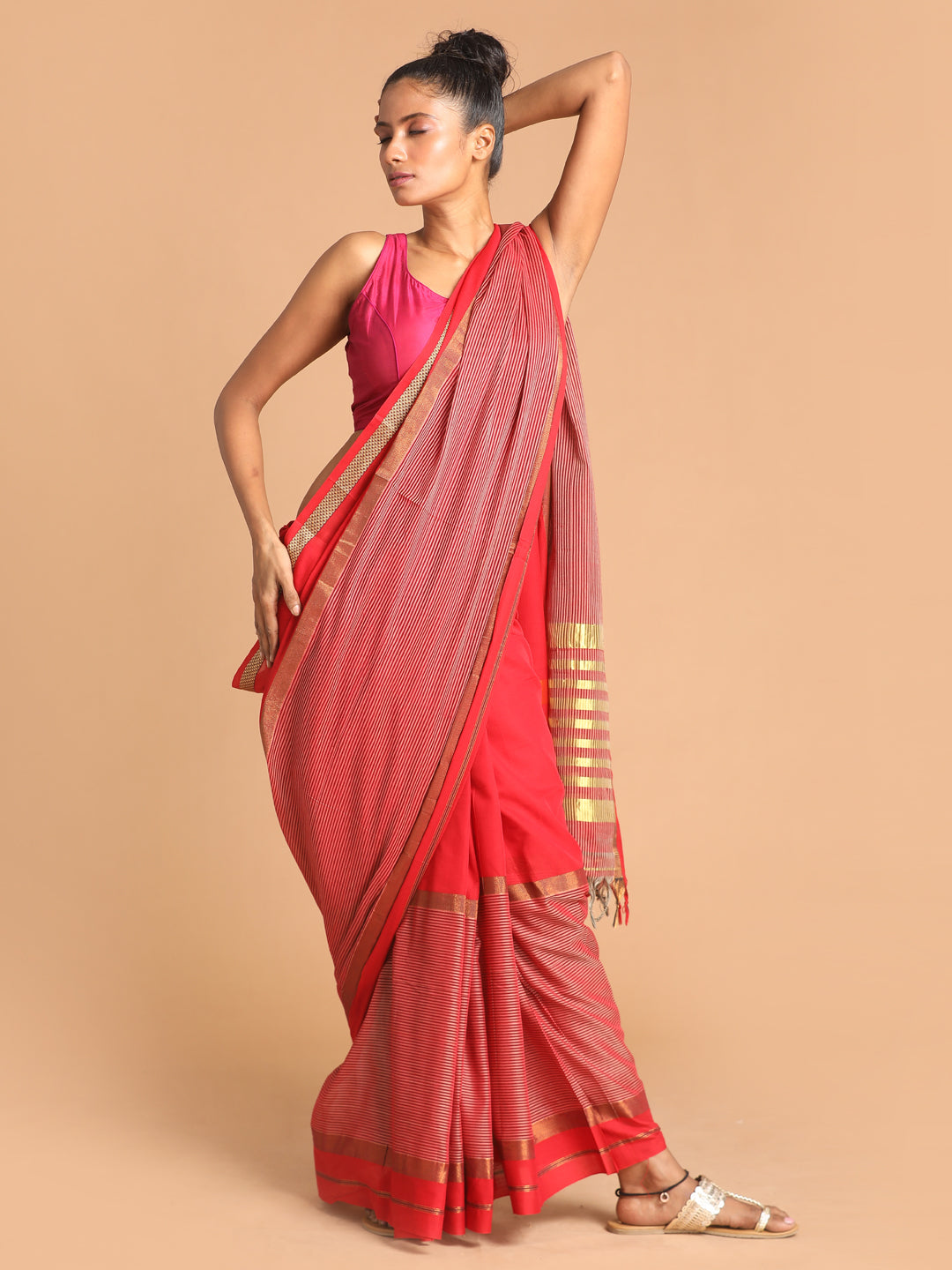 Indethnic Red Pure Cotton Woven Design Saree - View 1