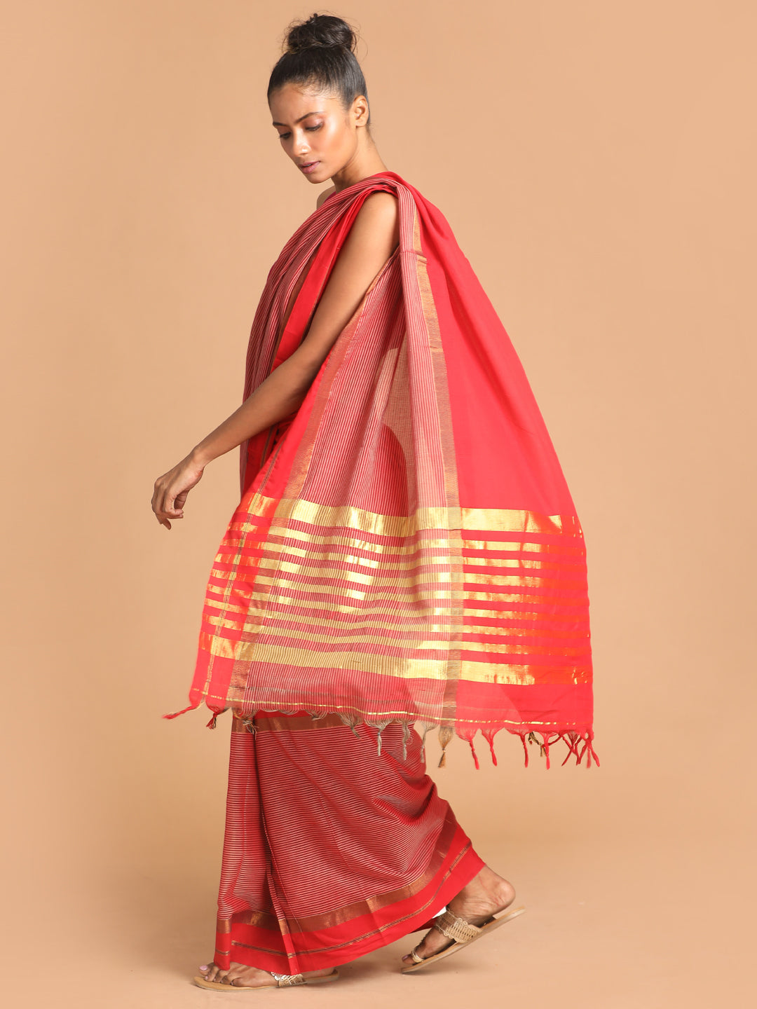 Indethnic Red Pure Cotton Woven Design Saree - View 2