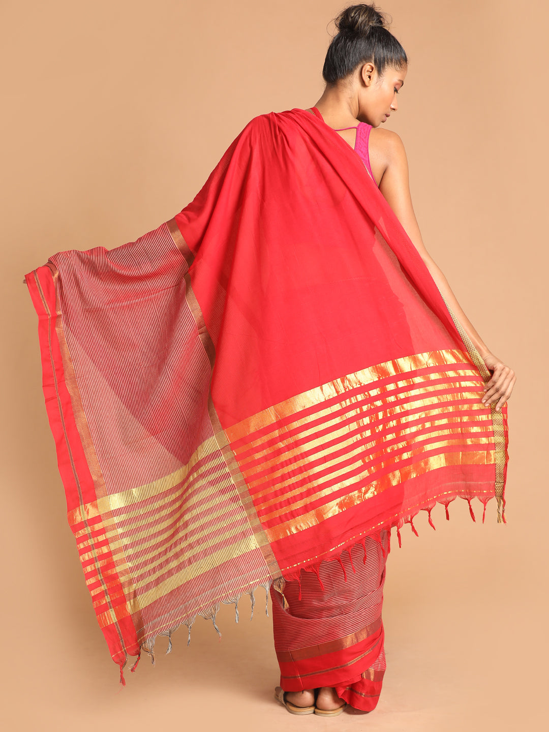 Indethnic Red Pure Cotton Woven Design Saree - View 3