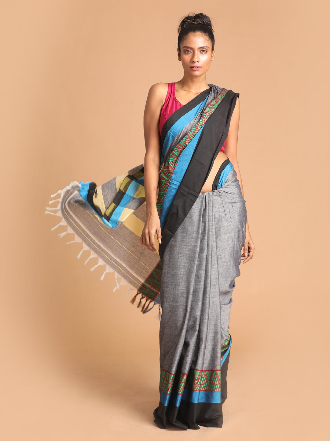 Indethnic Grey Pure Cotton Woven Design Saree - View 1