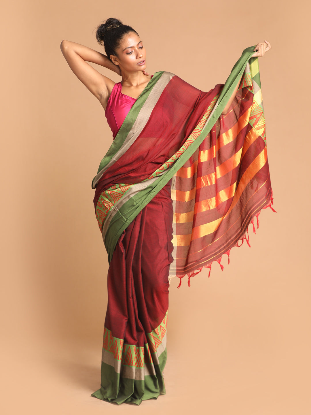 Indethnic Maroon Pure Cotton Woven Design Saree - View 1