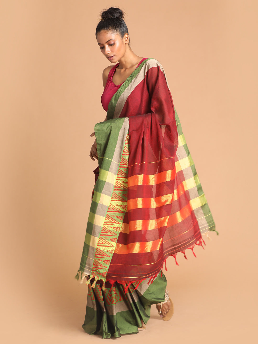 Indethnic Maroon Pure Cotton Woven Design Saree - View 2