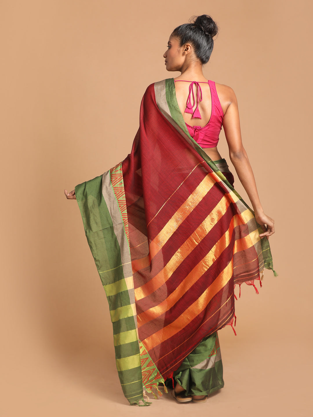 Indethnic Maroon Pure Cotton Woven Design Saree - View 3