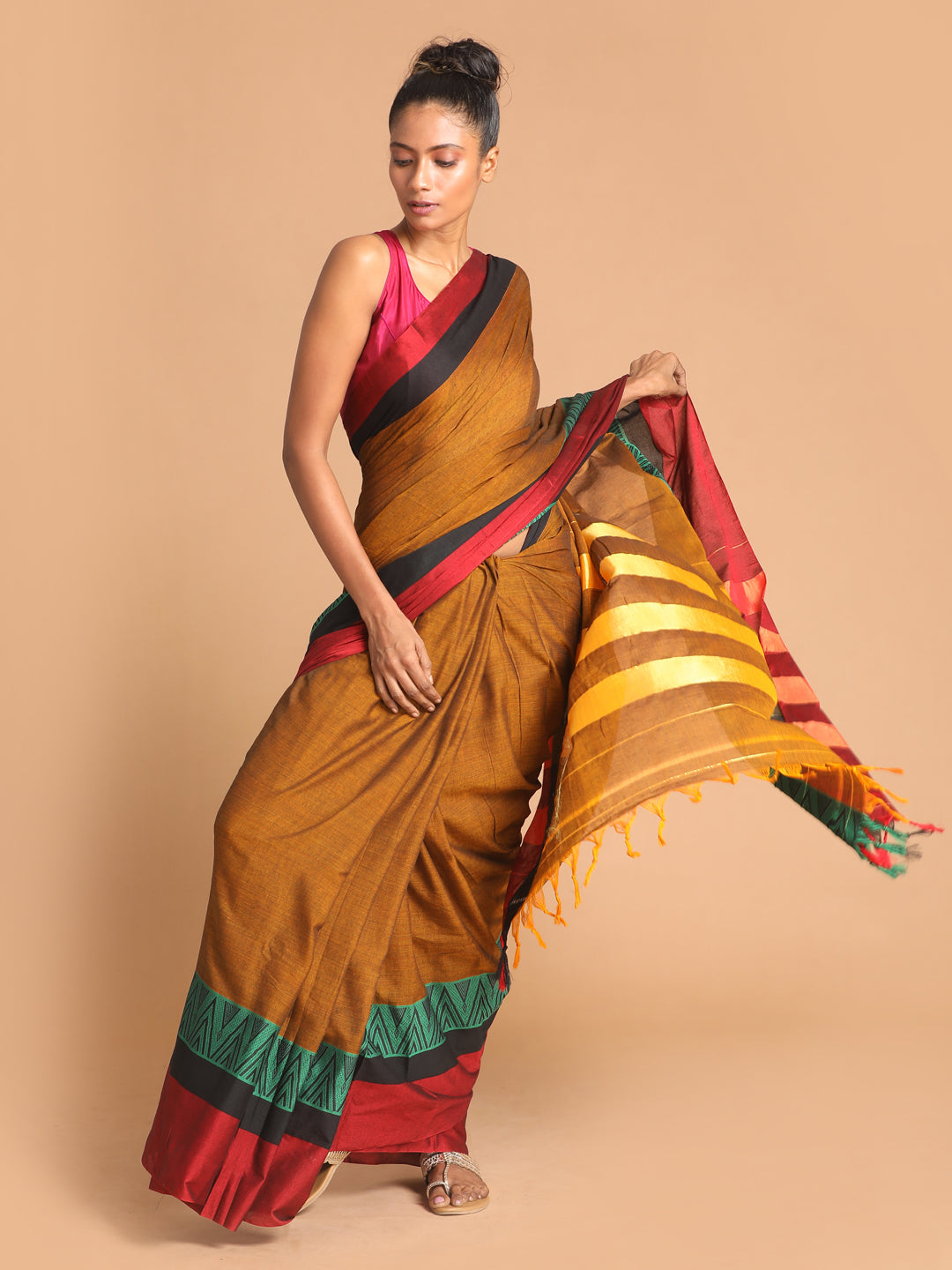 Indethnic Mustard Pure Cotton Woven Design Saree - View 1