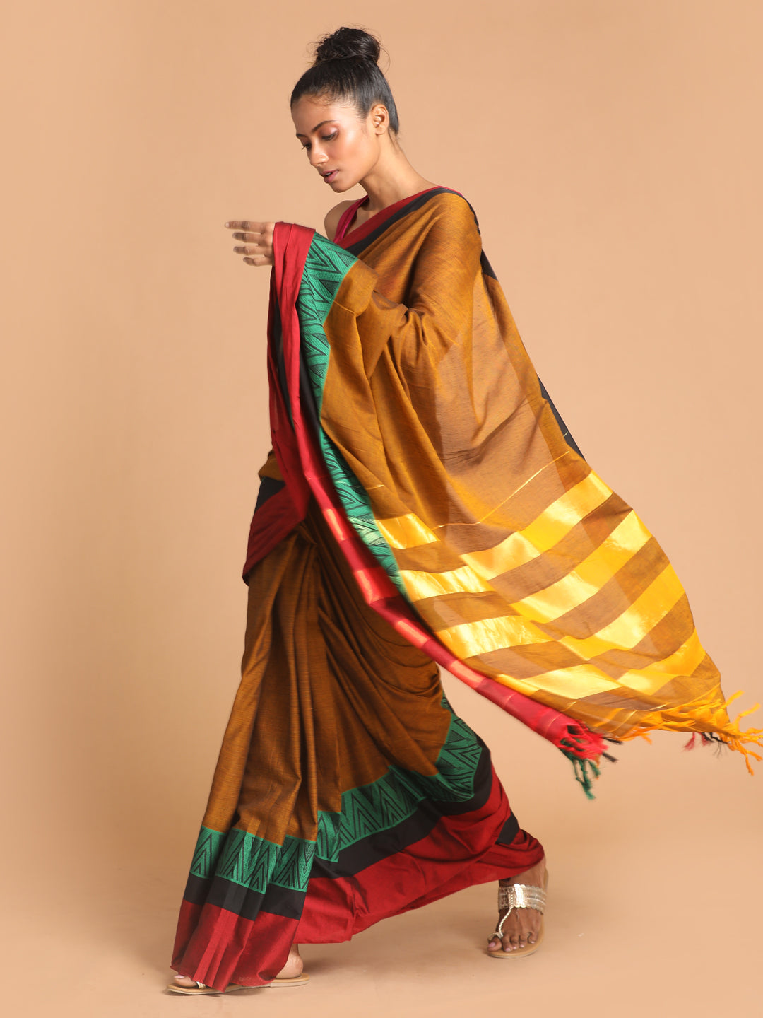 Indethnic Mustard Pure Cotton Woven Design Saree - View 2