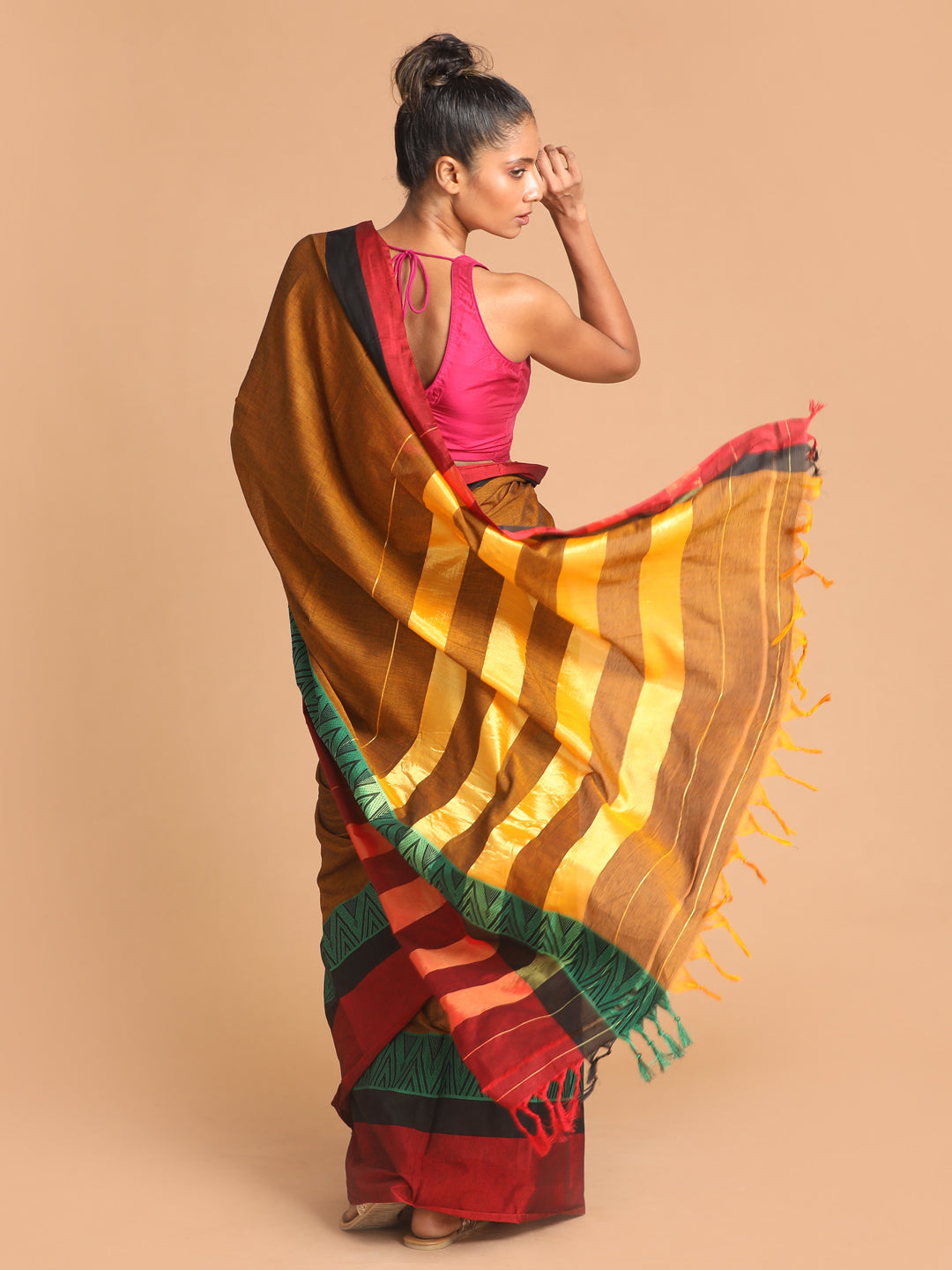 Indethnic Mustard Pure Cotton Woven Design Saree - View 3