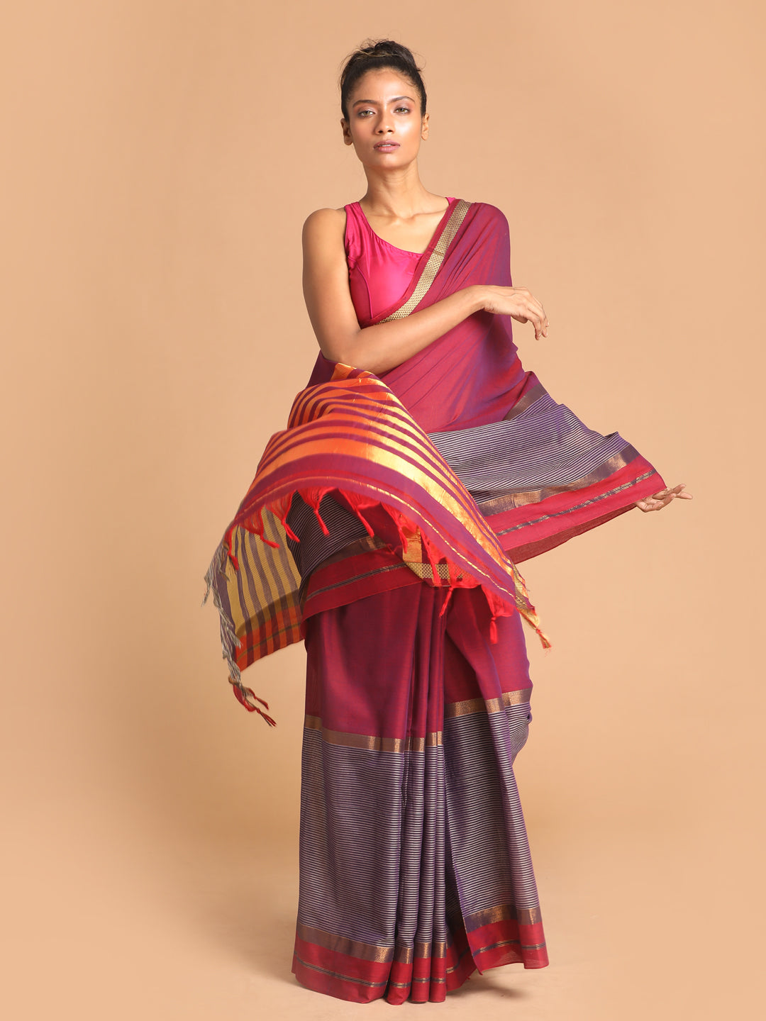 Indethnic Wine Pure Cotton Woven Design Saree - View 1