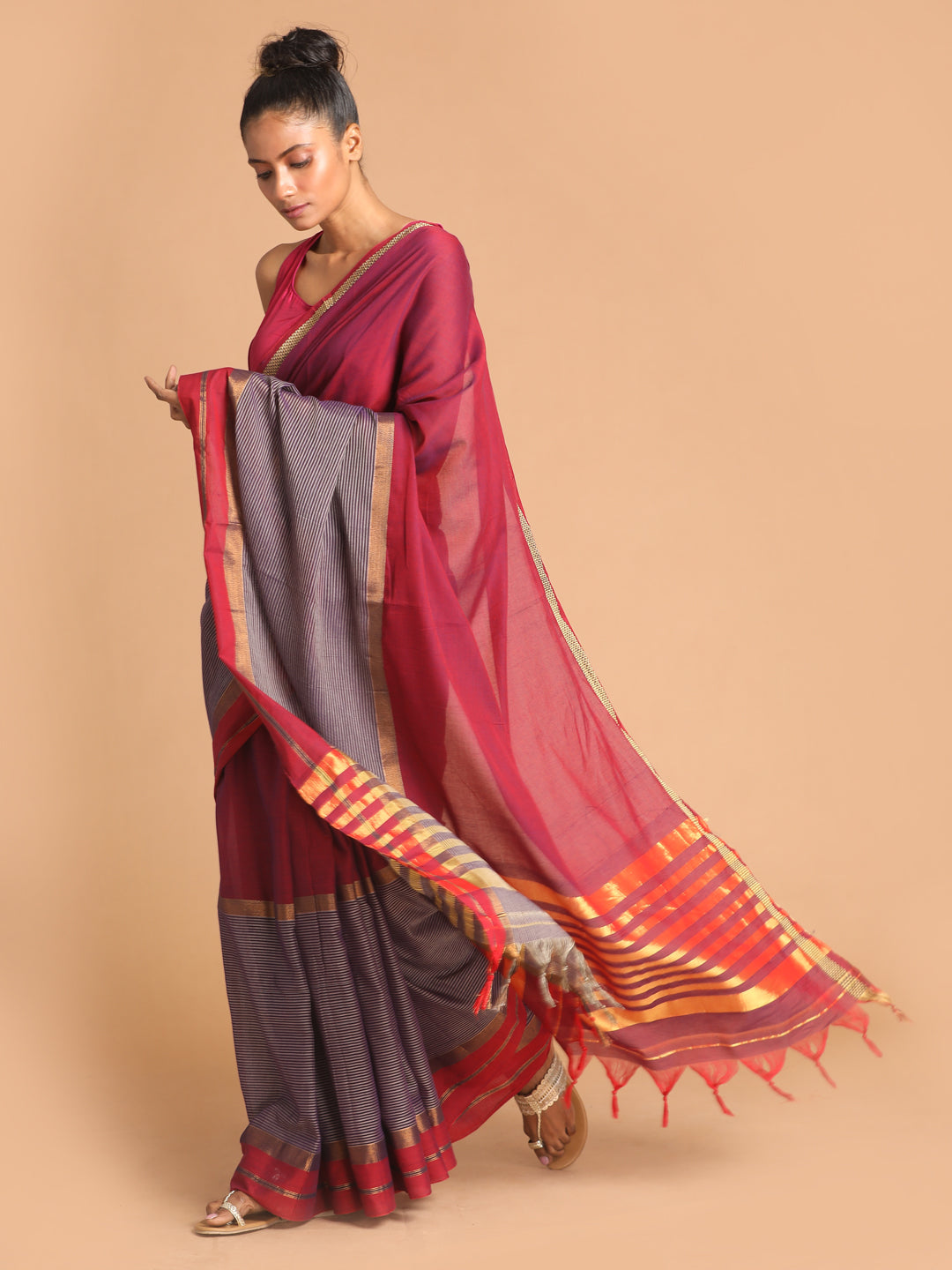 Indethnic Wine Pure Cotton Woven Design Saree - View 2