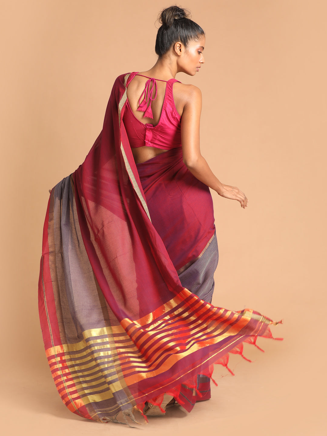 Indethnic Wine Pure Cotton Woven Design Saree - View 3