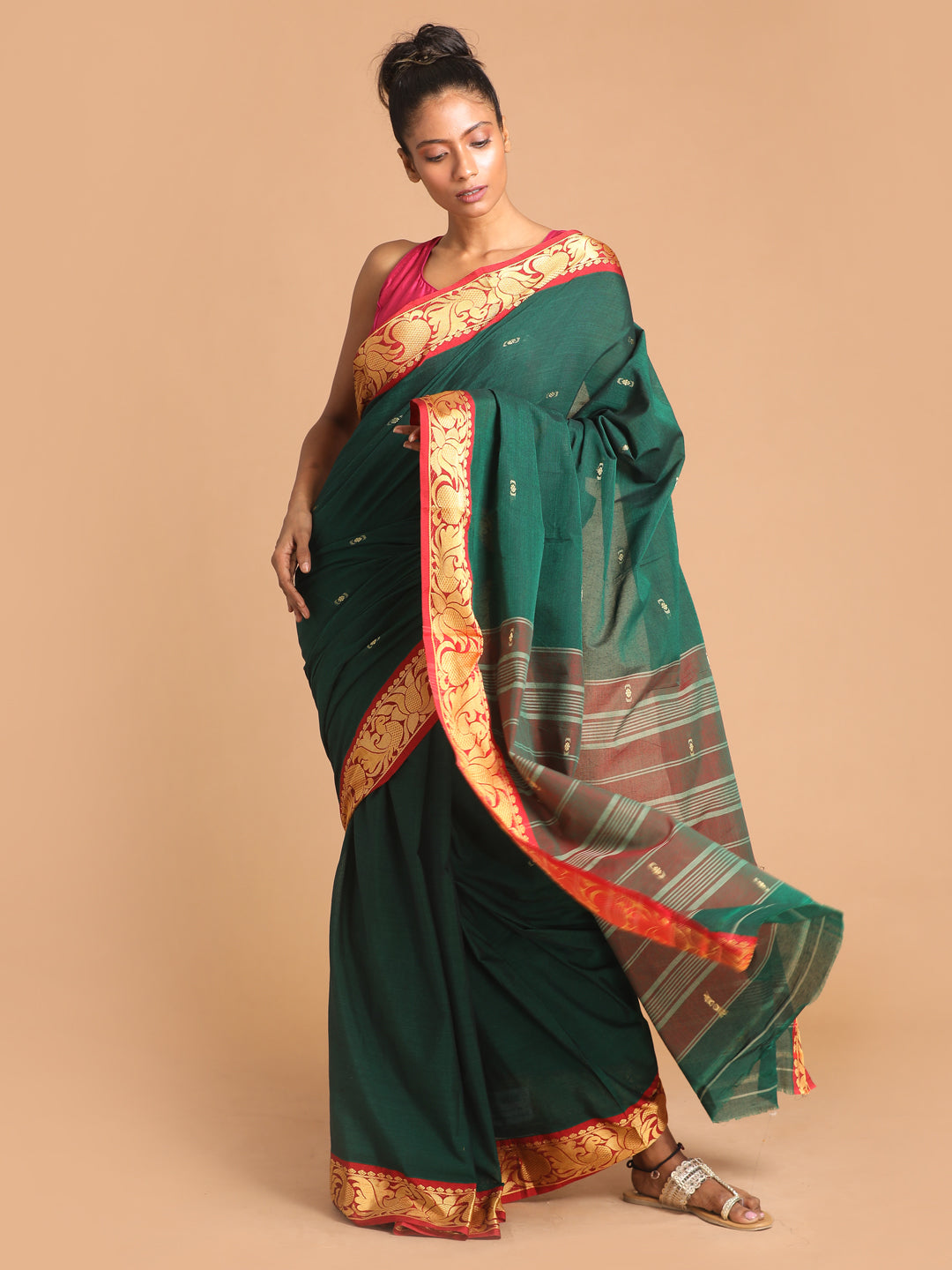 Indethnic Bottle Green Pure Cotton Woven Design Saree - View 1