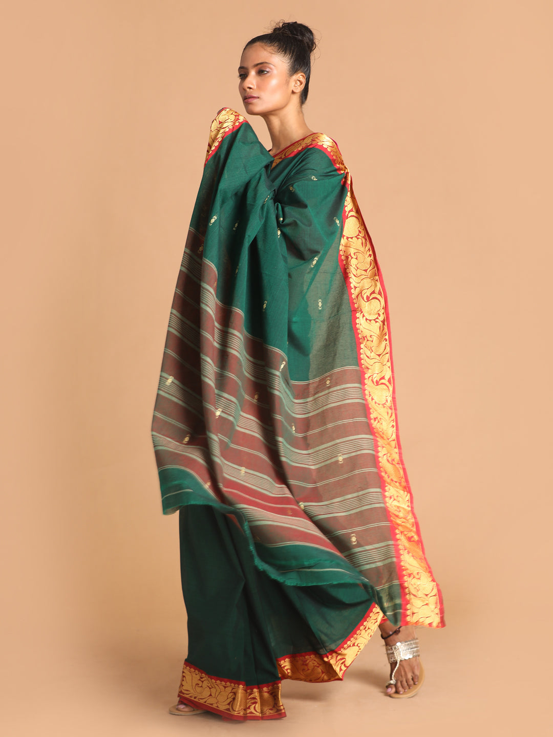 Indethnic Bottle Green Pure Cotton Woven Design Saree - View 1
