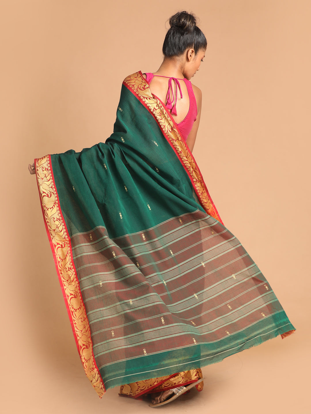 Indethnic Bottle Green Pure Cotton Woven Design Saree - View 3