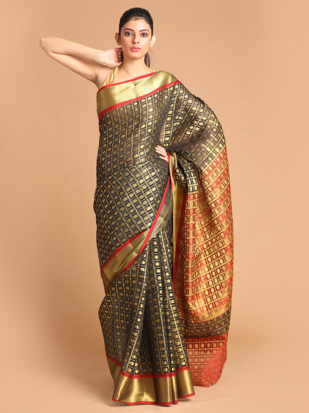 Indethnic Black Woven Design Saree - View 1