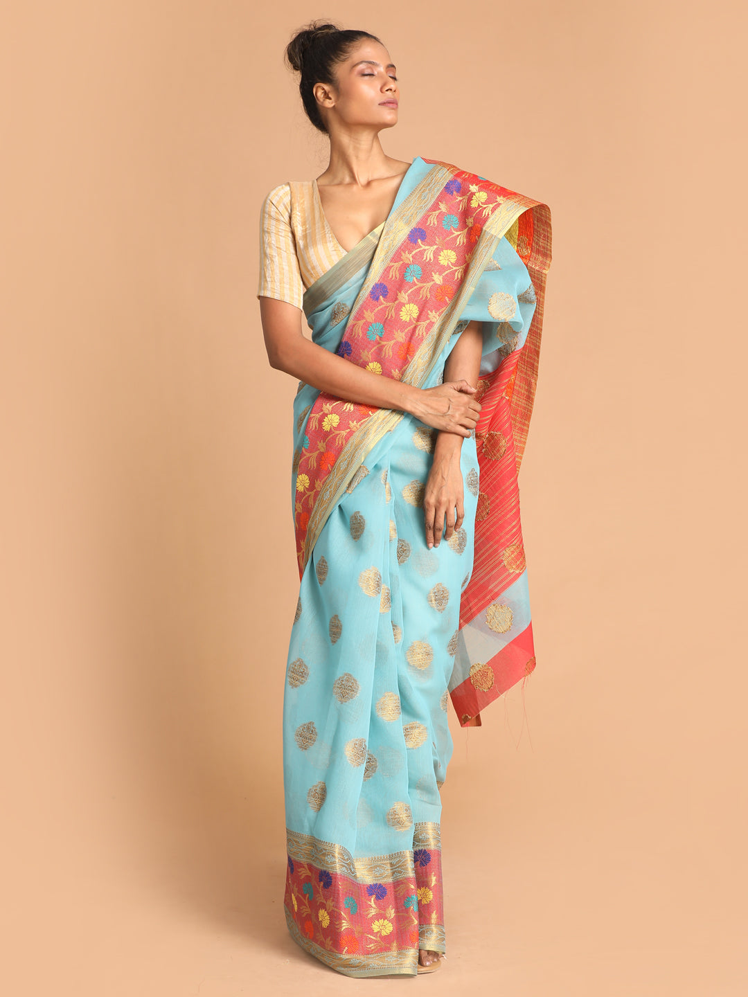 Indethnic Blue Woven Design Saree - View 1