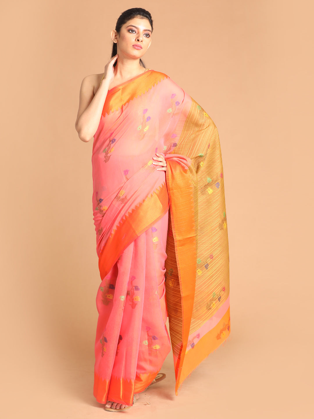 Indethnic Coral Woven Design Saree - View 1