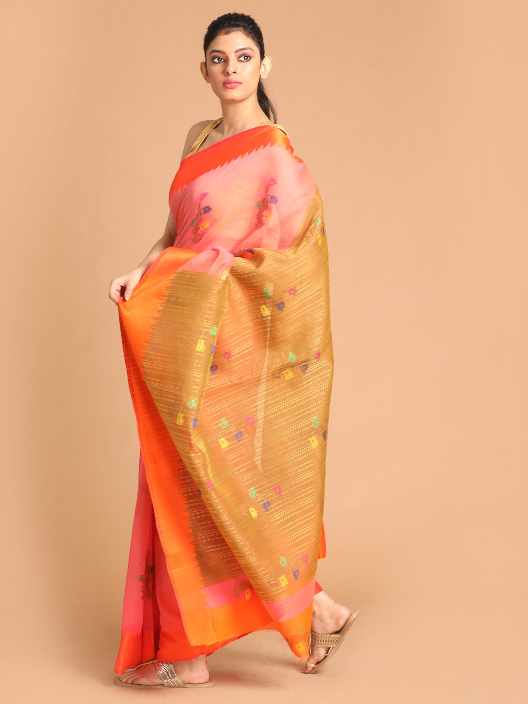 Indethnic Coral Woven Design Saree - View 2