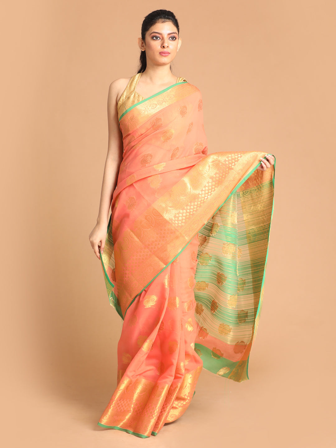 Indethnic Coral Woven Design Saree - View 1