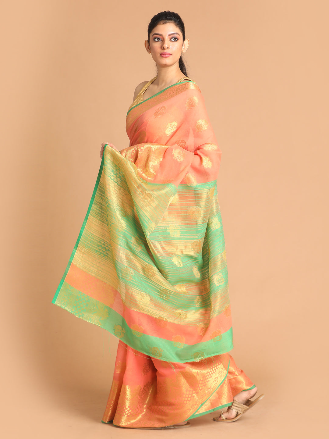 Indethnic Coral Woven Design Saree - View 2