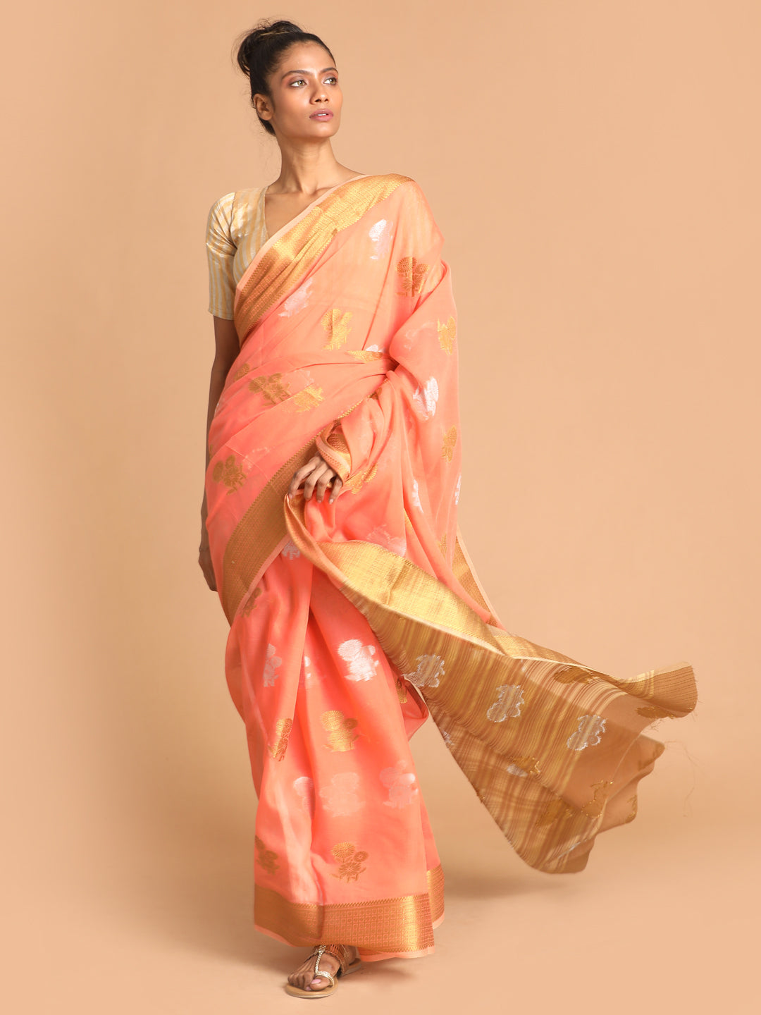 Indethnic Coral Woven Design Saree - View 2