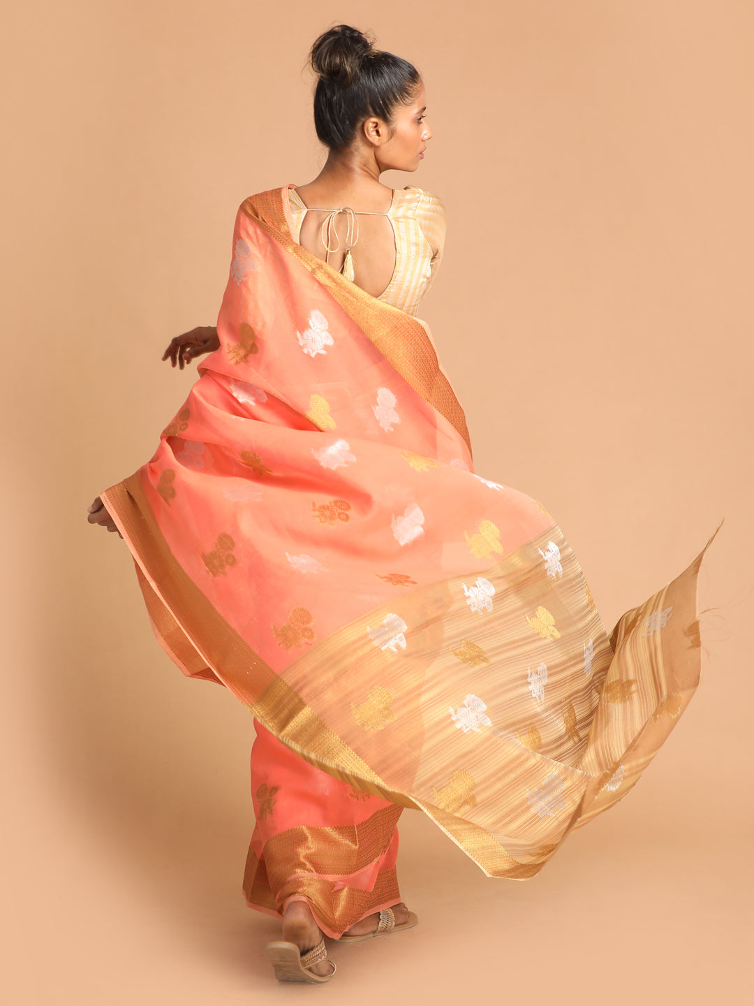 Indethnic Coral Woven Design Saree - View 3