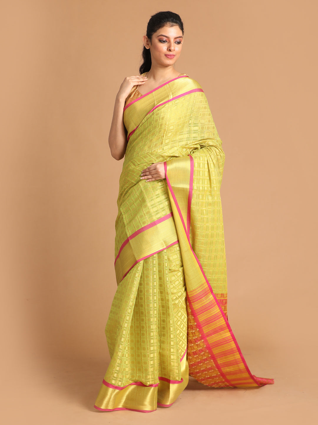 Indethnic Lime Green Woven Design Saree - View 1