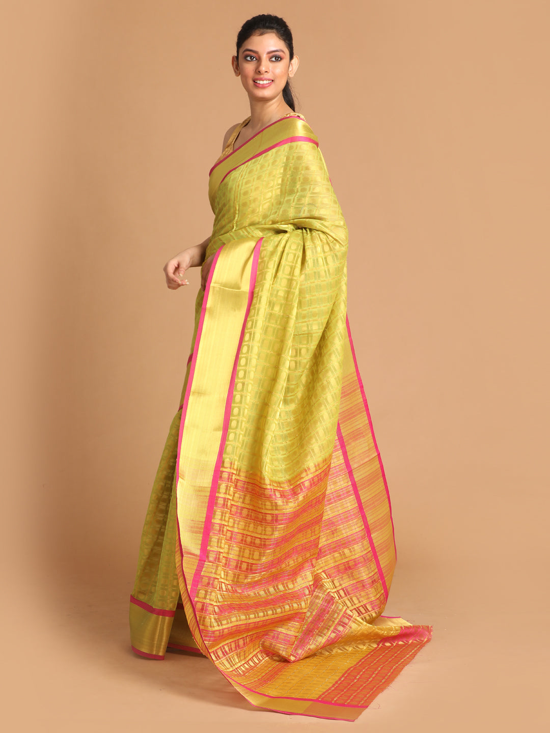 Indethnic Lime Green Woven Design Saree - View 2