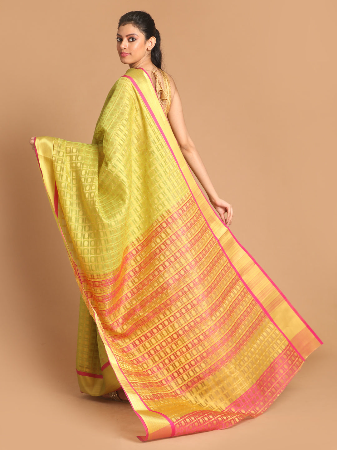 Indethnic Lime Green Woven Design Saree - View 3