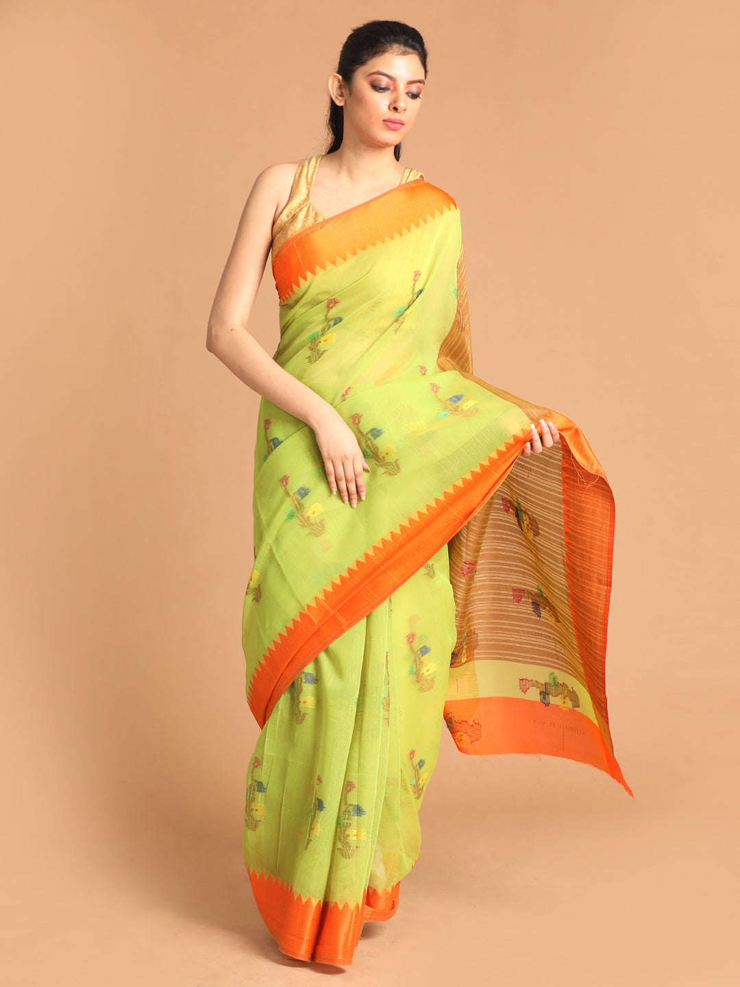 Indethnic Lime Green Woven Design Saree - View 1