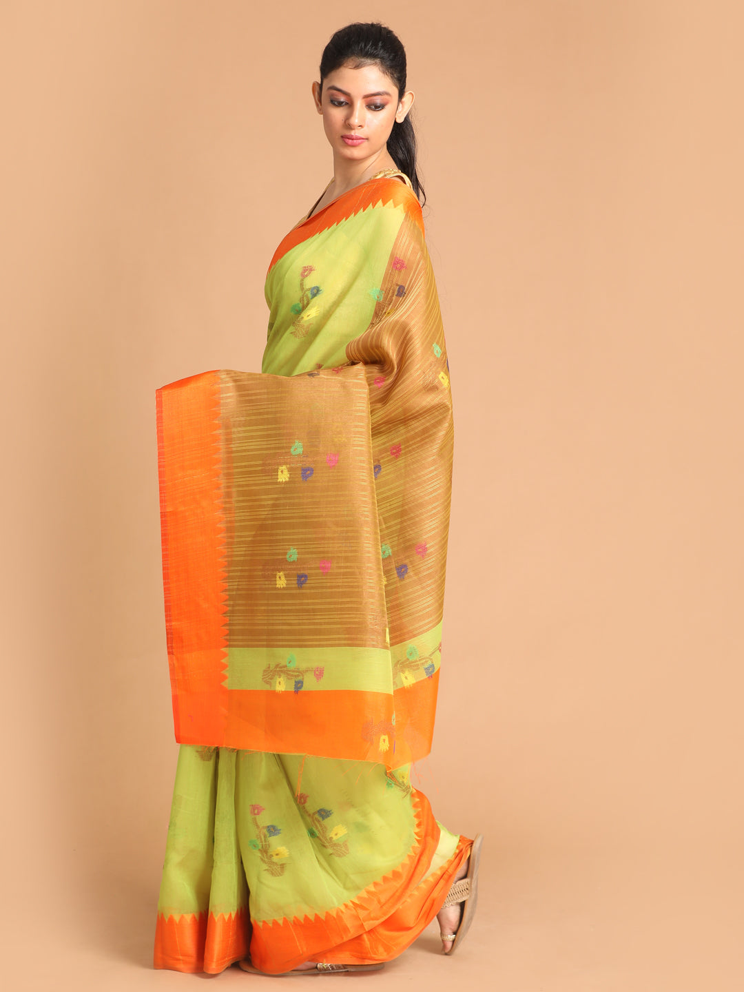 Indethnic Lime Green Woven Design Saree - View 2