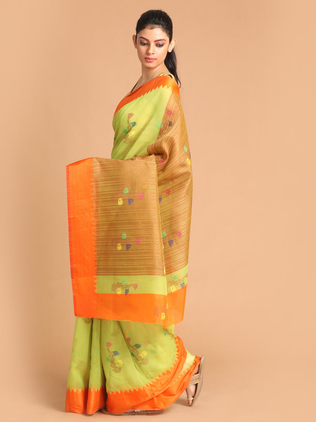 Indethnic Lime Green Woven Design Saree - View 1