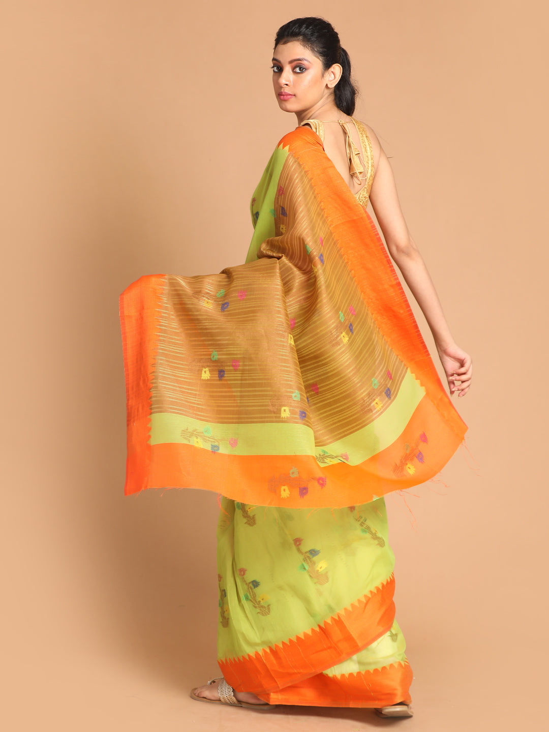Indethnic Lime Green Woven Design Saree - View 3