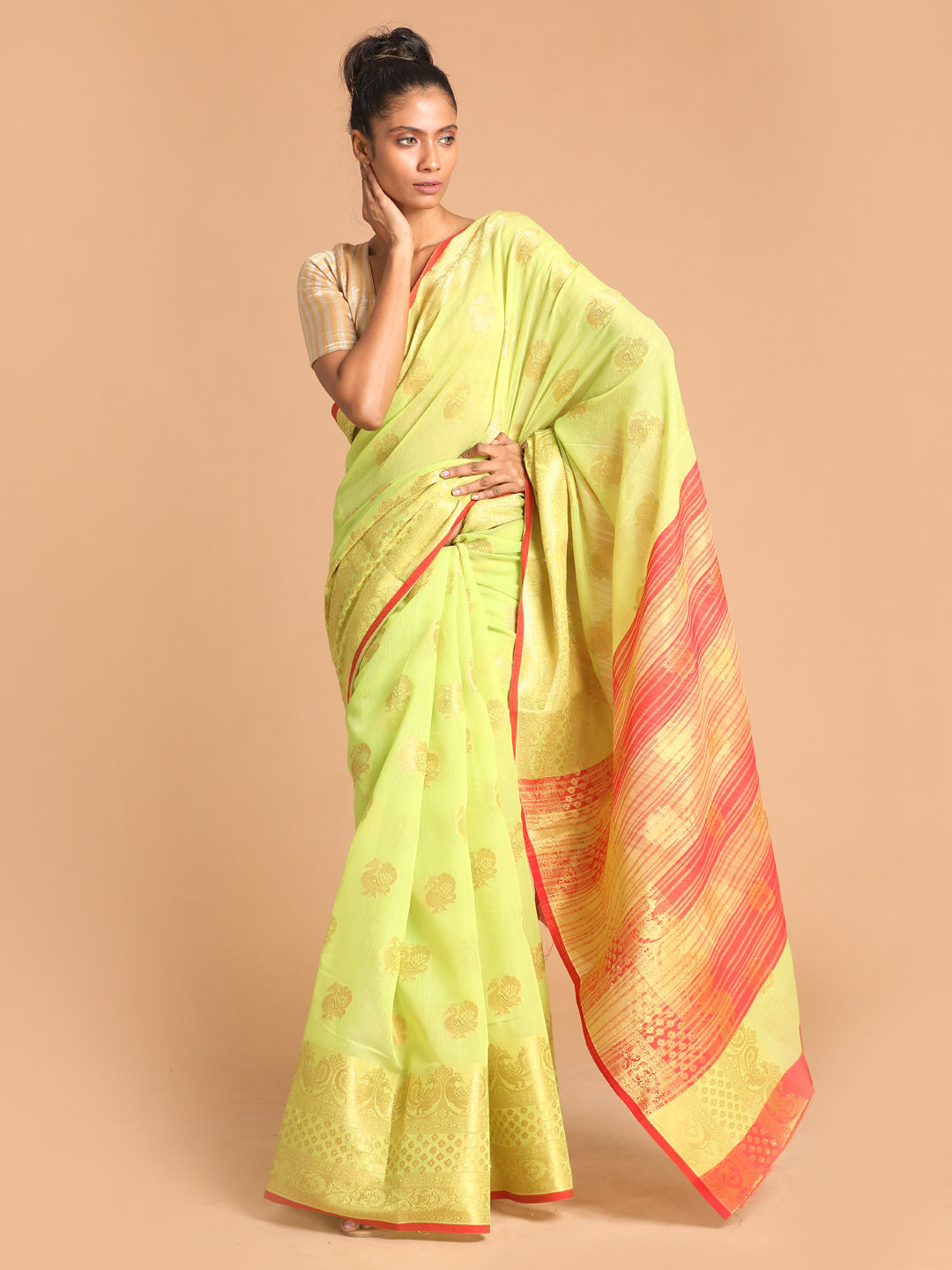 Indethnic Lime Green Woven Design Saree - View 1