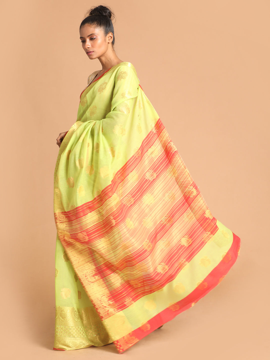 Indethnic Lime Green Woven Design Saree - View 2