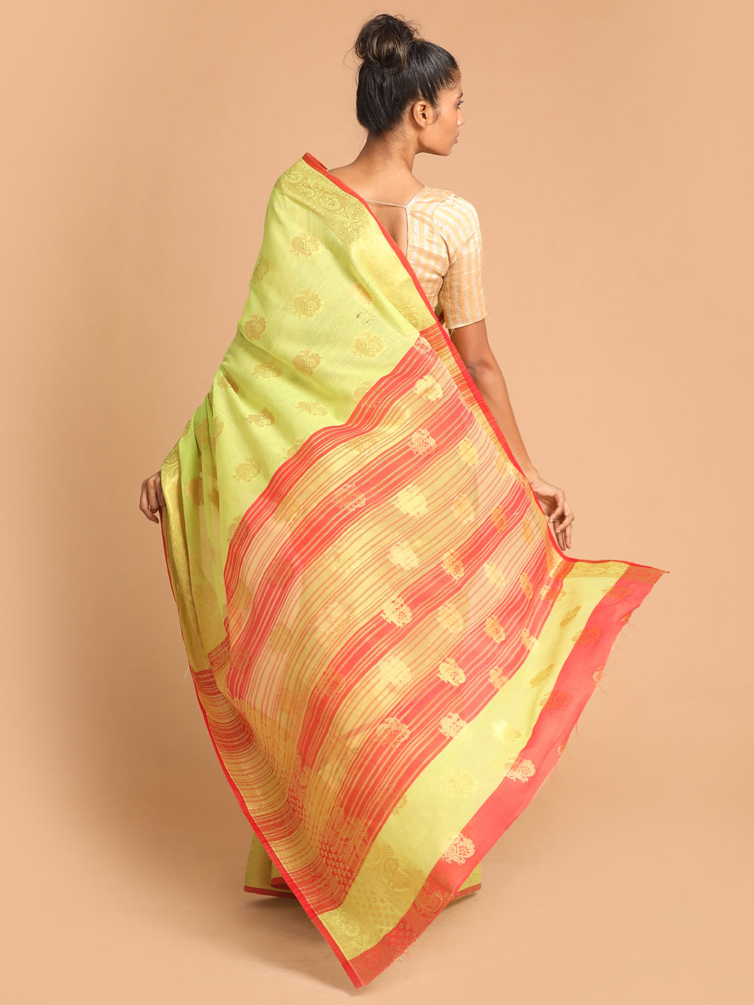 Indethnic Lime Green Woven Design Saree - View 3