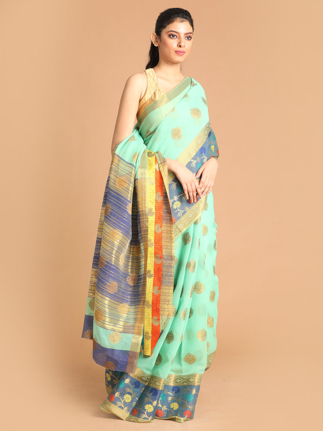 Indethnic Lime Green Woven Design Saree - View 1