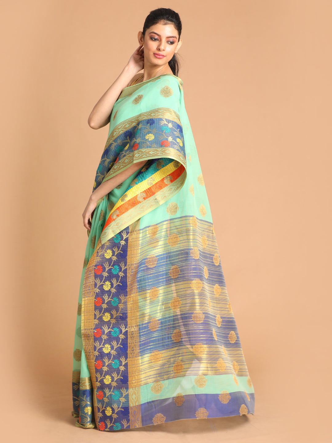 Indethnic Lime Green Woven Design Saree - View 2