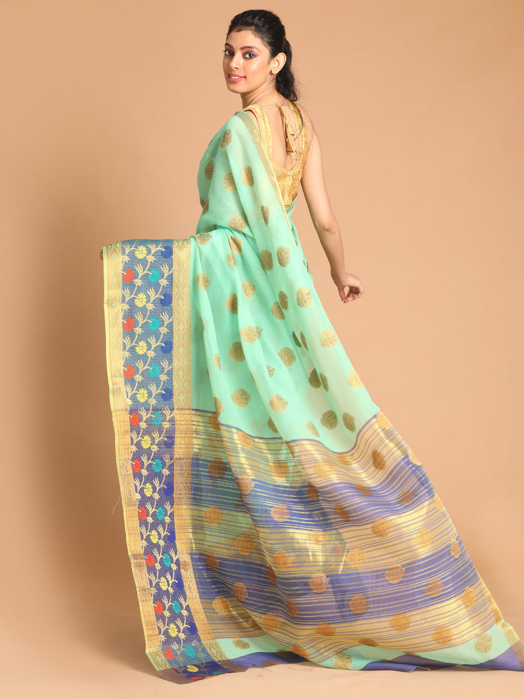 Indethnic Lime Green Woven Design Saree - View 3