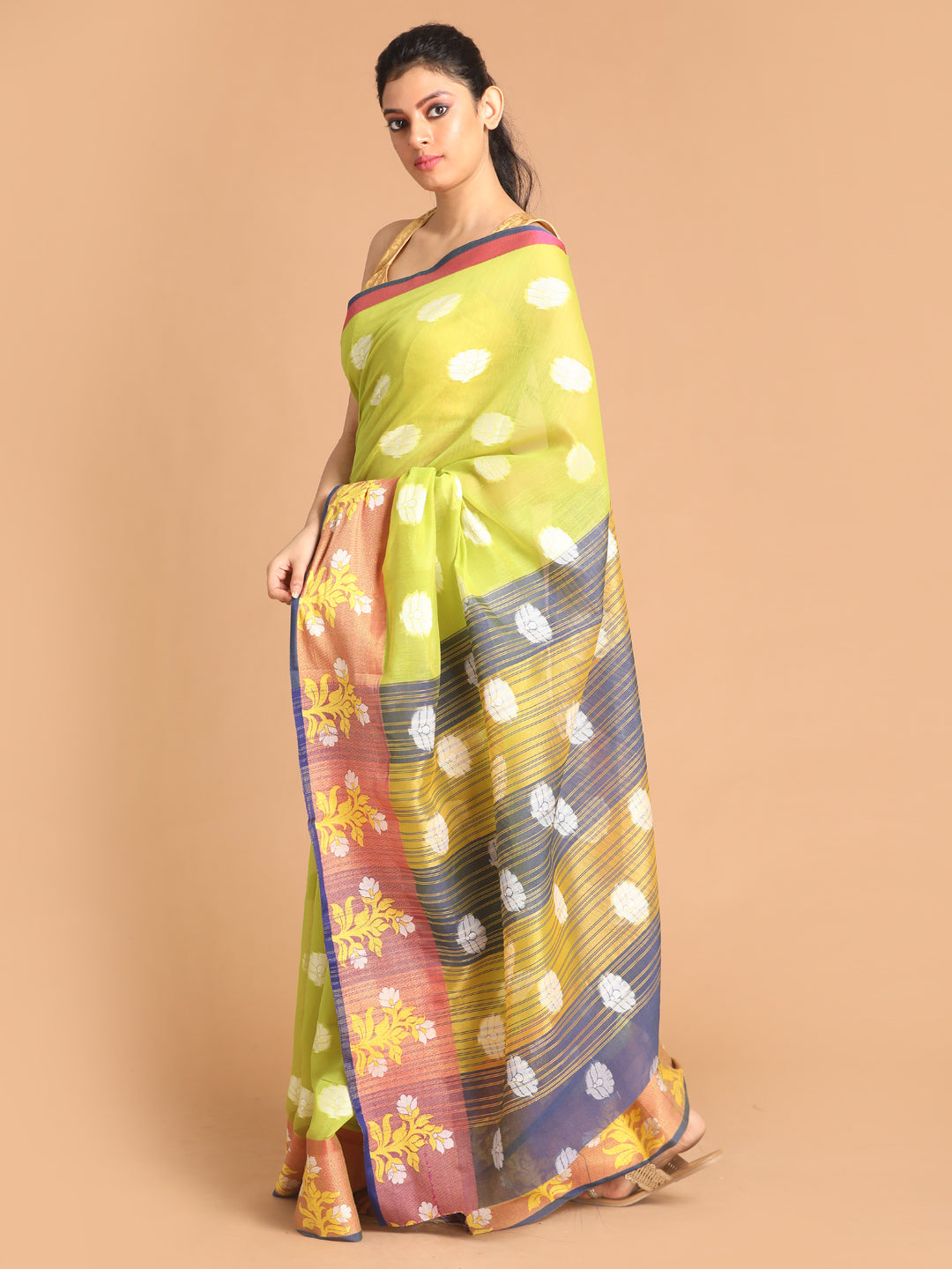 Indethnic Lime Green Woven Design Saree - View 2