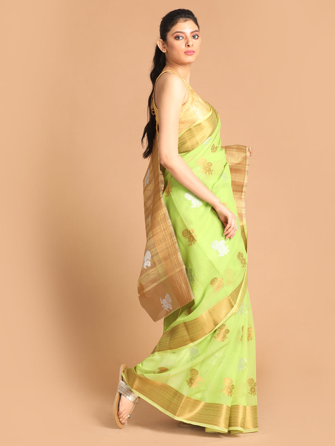 Indethnic Lime Green Woven Design Saree - View 2